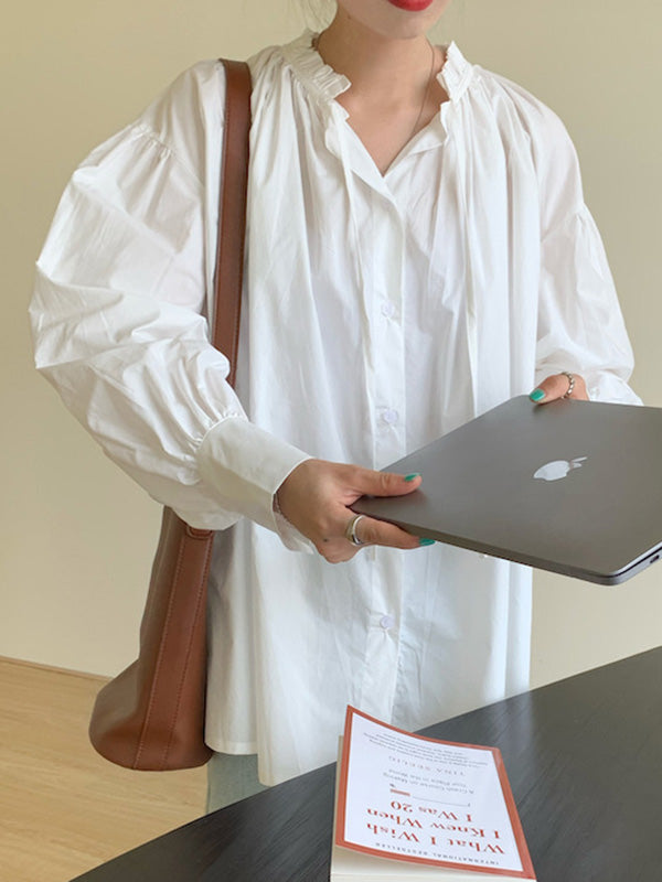 Urban Loose Puffärmel Agaric Laces Falbala Einfarbige Blusen 