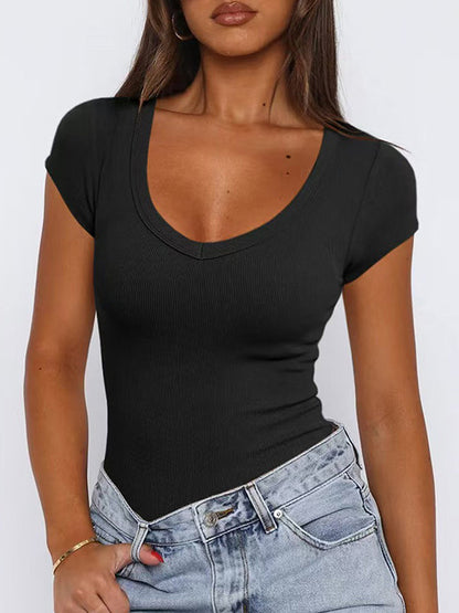 Short Sleeves Skinny Solid Color V-Neck T-Shirts Tops
