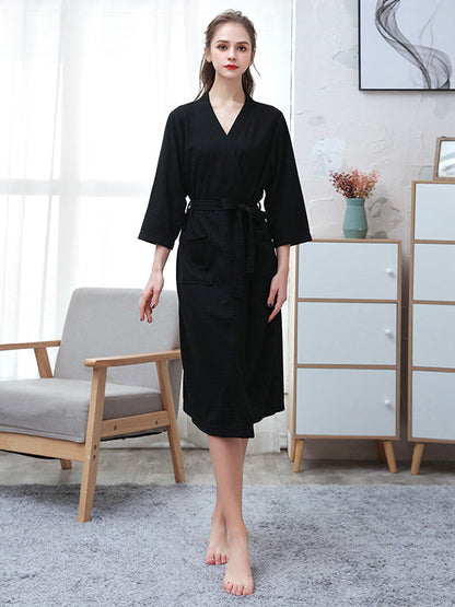 Comfortable Solid Bandage Thin Pajama Robe BLACK Women
