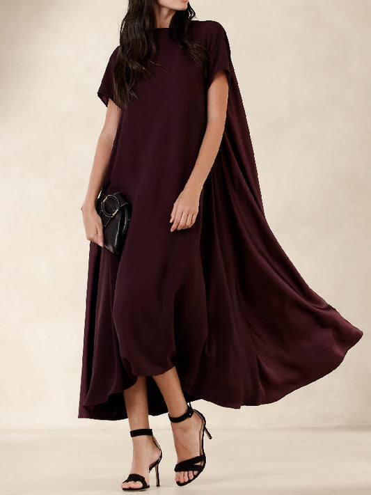 Loose Short Sleeves Pockets Solid Color Round-Neck Maxi Dresses