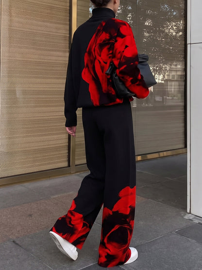 Flower Print Contrast Color Loose Long Sleeves High-neck Sweatshirt Tops