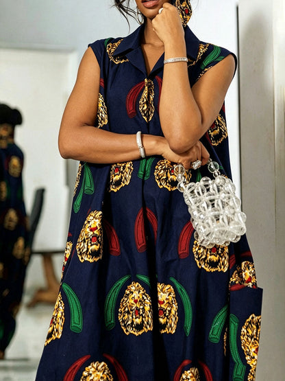Loose Sleeveless Pockets Printed Lapel Jumpsuits