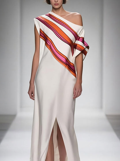 Loose Sleeveless Asymmetric Printed Split-Front One-Shoulder Maxi Dresses