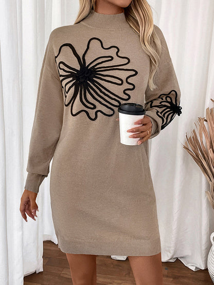 Long Sleeves Loose Knitted Flower Split-Joint Mock Neck Mini Dresses Sweater Dresses