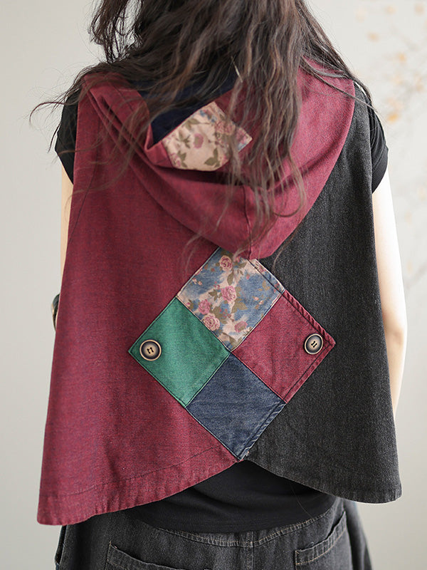 Gilet à capuche sans manches en denim ample et boutonné de couleur contrastée, style rétro artistique 