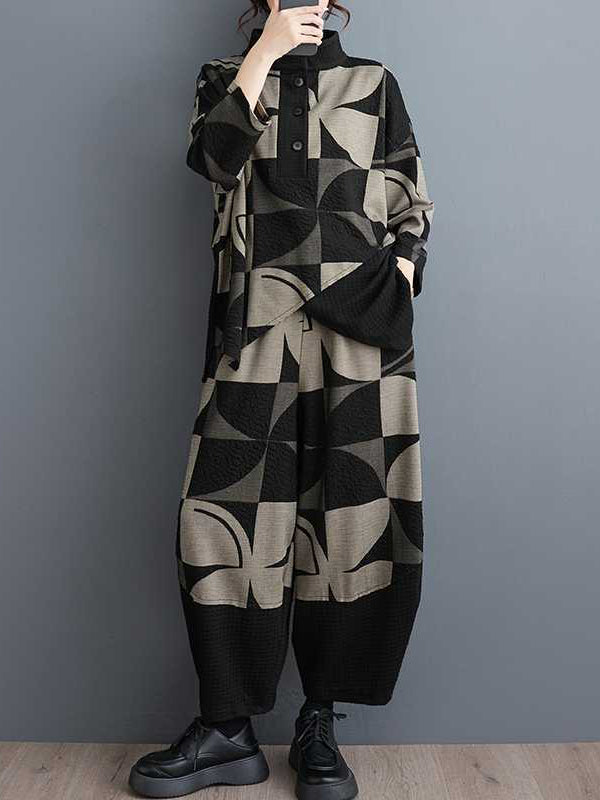 Long Sleeves Asymmetric Buttoned Printed Stand Collar Sweatshirt Top + Harem Pants Pants Bottom Two Pieces Set