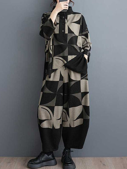 Long Sleeves Asymmetric Buttoned Printed Stand Collar Sweatshirt Top + Harem Pants Pants Bottom Two Pieces Set