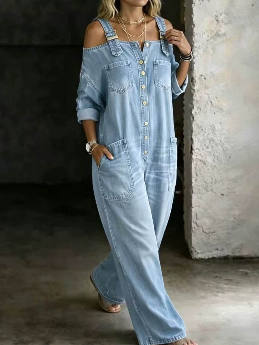 Long Sleeves Loose Buttoned Pockets Solid Color Adjustable Straps Overalls