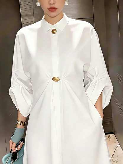 Loose Puff Sleeves Buttoned Pleated Pockets Solid Color Lapel Mini Dresses