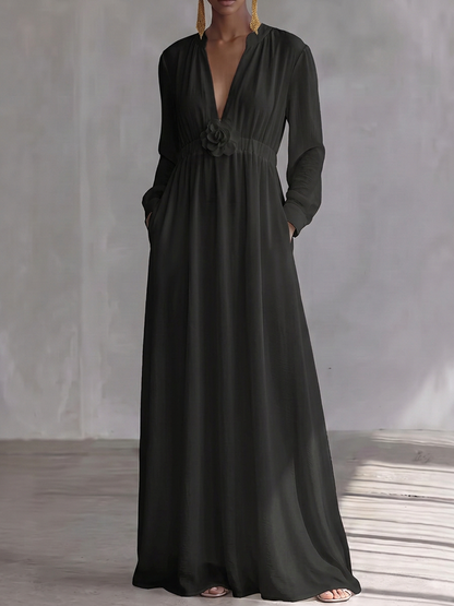 High Waisted Long Sleeves Elasticity Pleated Pockets Solid Color Three-Dimensional Flower V-Neck Maxi Dresses