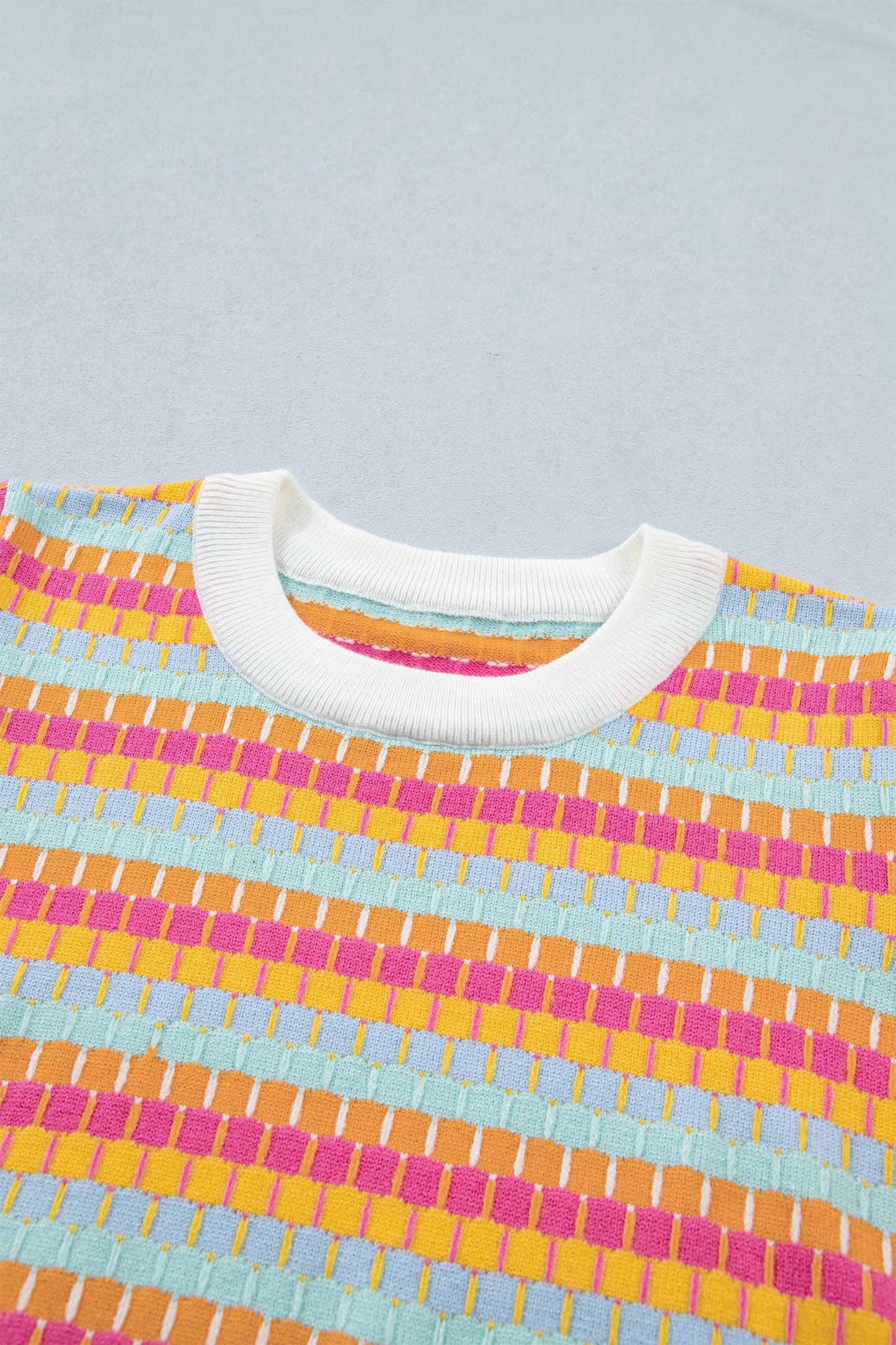Rose Red Abstract Striped Knit Short Sleeve Sweater