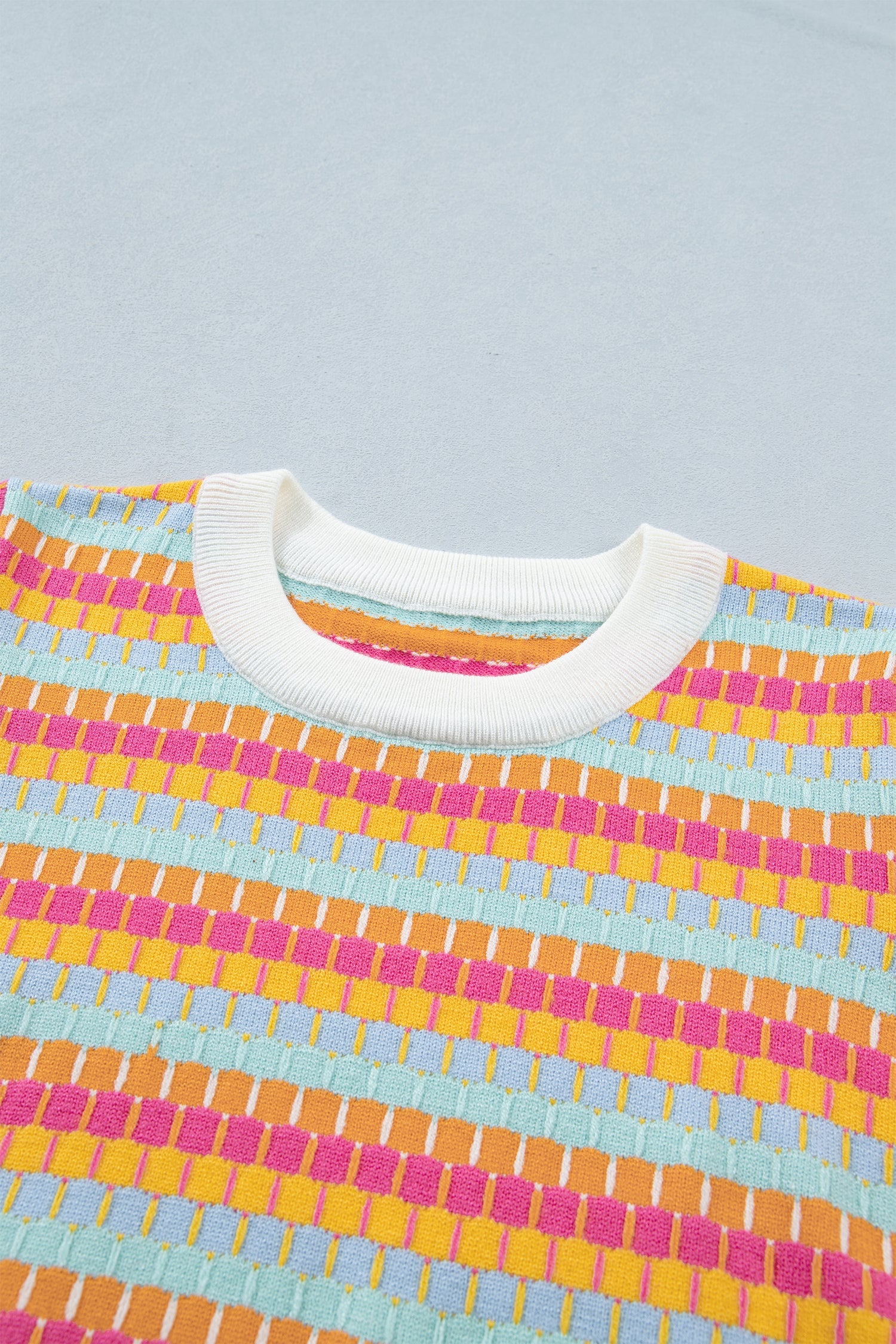 Rose Red Abstract Striped Knit Short Sleeve Sweater