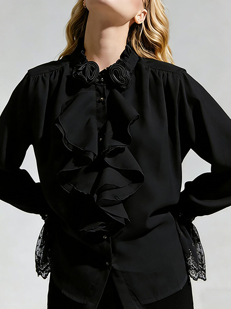 Long Sleeves Ruffle Sleeves Buttoned Pleated Ruffled Solid Color Split-Joint Stand Collar Blouses&Shirts Tops