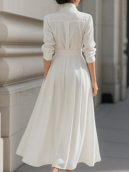 Long Sleeves Loose Belted Pockets Solid Color Stand Collar Maxi Dresses