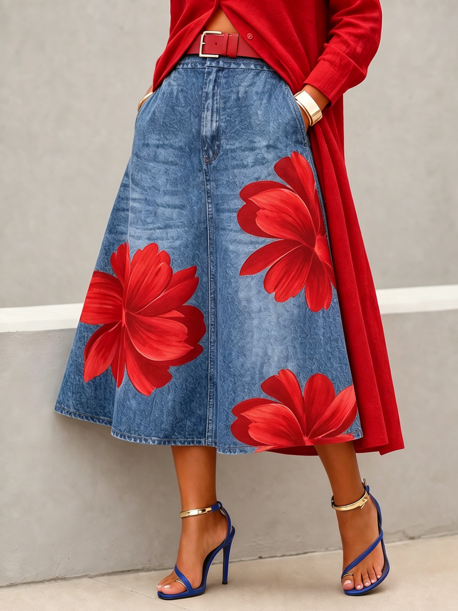 A-Line High Waisted Flower Print No Belt Pockets Skirts Bottoms