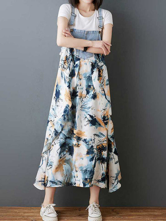 Loose Plus Size Flower Print Pockets Split-Joint Spaghetti-Neck Maxi Dresses Suspender Dress