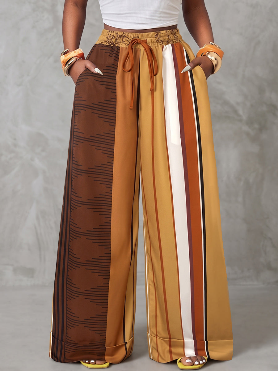 Printed Pockets Elasticity Drawstring Contrast Color Wide Leg Loose Trousers Pants