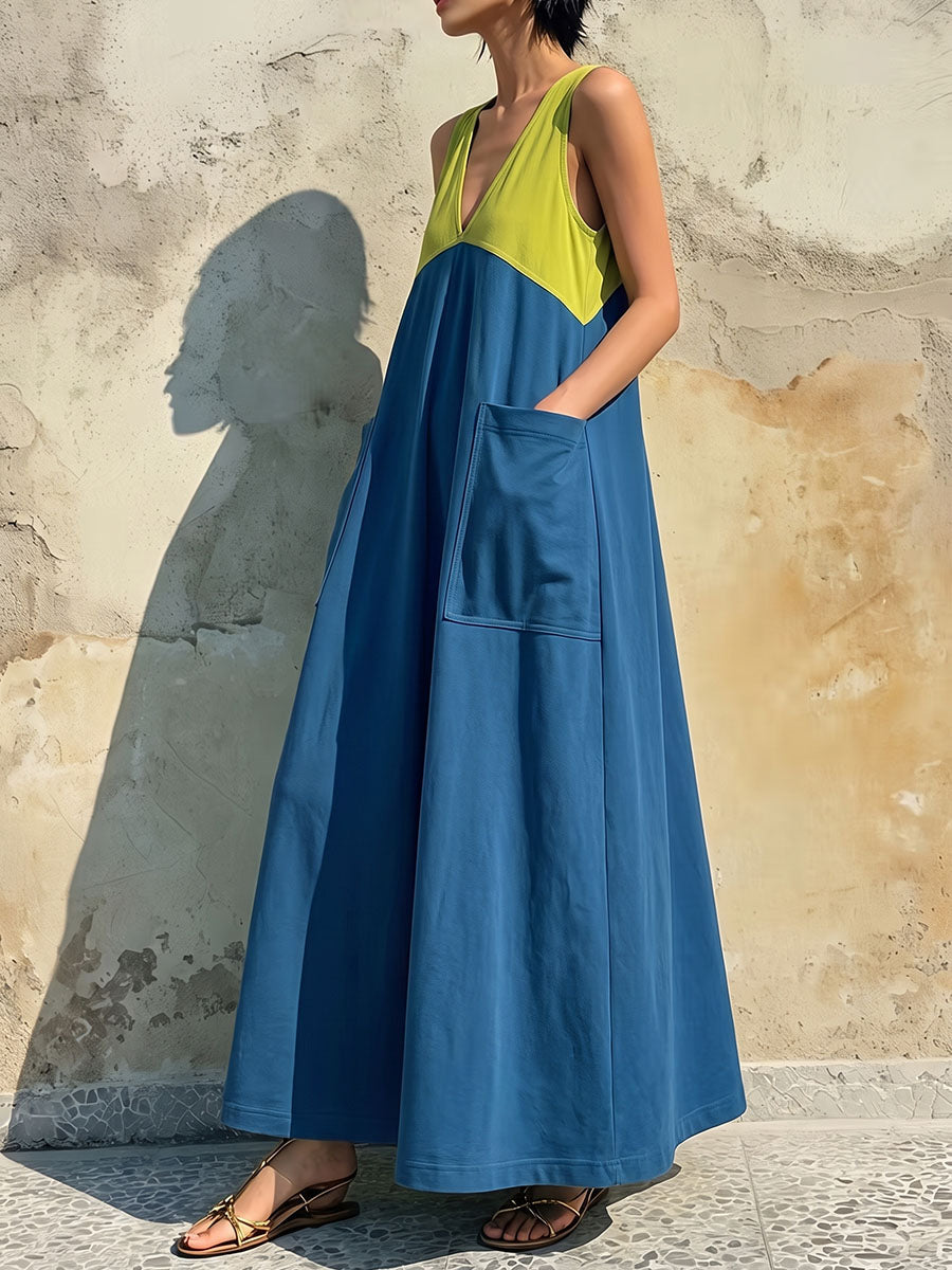 Split-Joint Pockets Contrast Color Sleeveless Loose V-neck Maxi Dresses