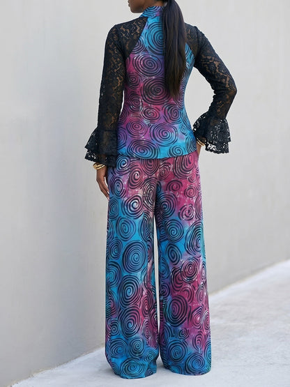 High Waisted Loose Contrast Color Pockets Printed Pants Trousers