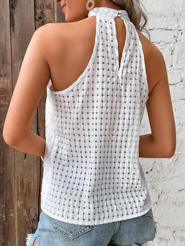 Loose Plus Size Hollow Jacquard Pleated Solid Color Halter-Neck Vest Top