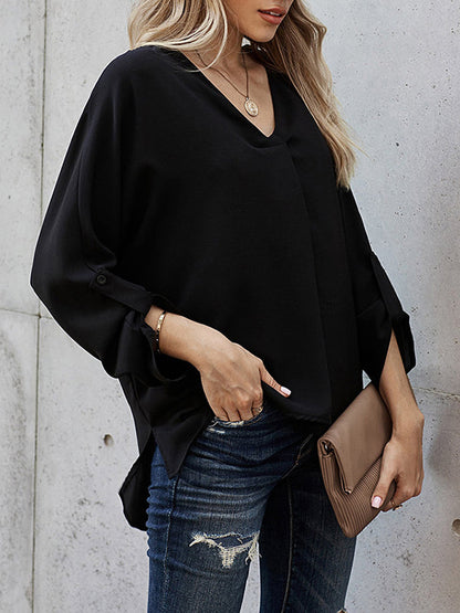 High-Low-T-Shirts mit Knöpfen, einfarbig, V-Ausschnitt 