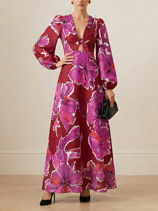 Elasticated Waist Long Sleeves Contrast Color Flower Print Hollow Split-Joint Twist Deep V-Neck Maxi Dresses