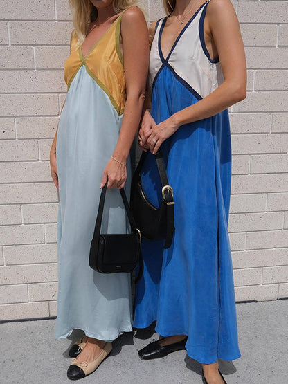 Loose Sleeveless Contrast Color Split-Joint Deep V-Neck Maxi Dresses