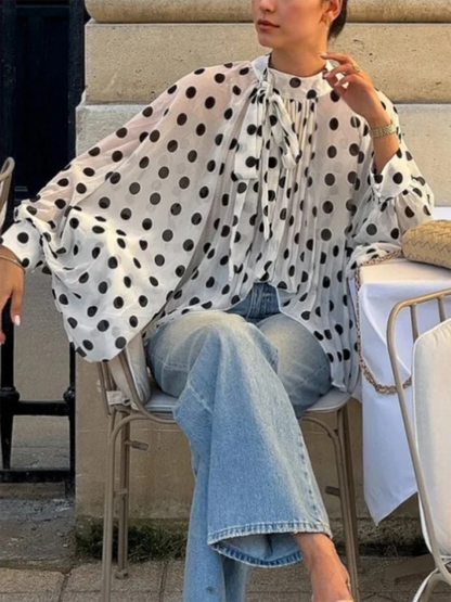 Tied See-Through Polka-Dot Contrast Color Puff Sleeves Loose Round-neck Blouses&shirts Tops