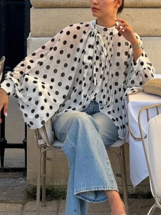 Tied See-Through Polka-Dot Contrast Color Puff Sleeves Loose Round-neck Blouses&shirts Tops