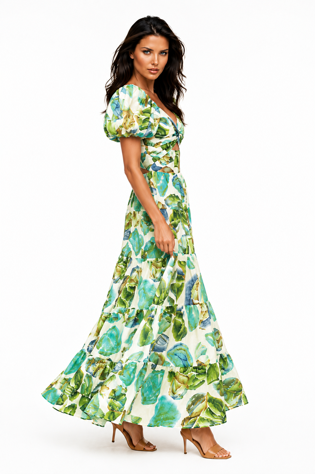 ERVA Botanica Escape Maxi Dress – Puff Sleeve Cutout Botanical Print Dress