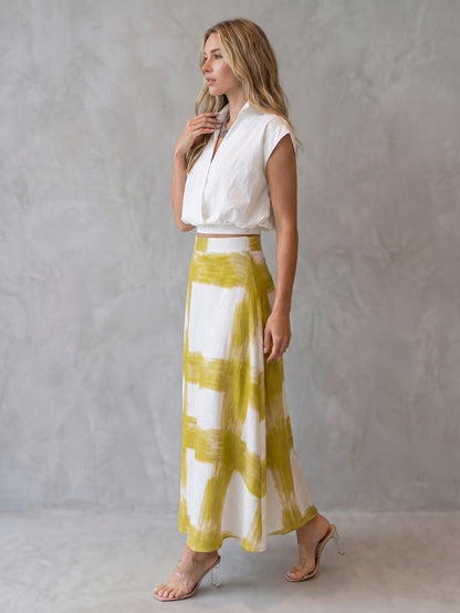 Buttoned Lapel Solid Color Blouses&Shirts Tops + Contrast Color A-Line High Waisted Printed Skirts Bottoms Two Pieces Set