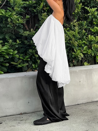 High-Low Sleeveless Elasticity Pleated Solid Color Split-Joint Tube Blouses&Shirts Tops