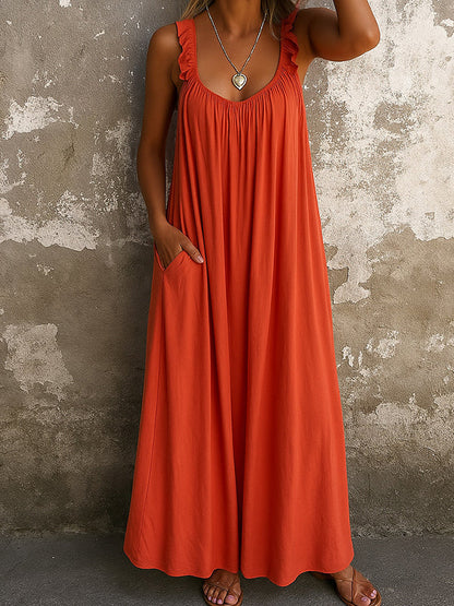 A-Line Loose Pleated Ruffled Split-Joint U-Neck Maxi Dresses