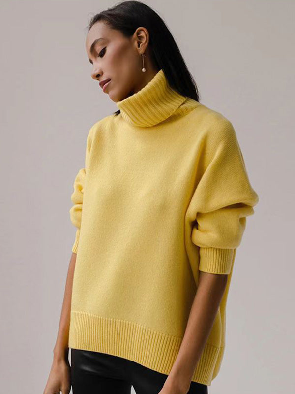 Casual Long Sleeves Loose Solid Color High-Neck Sweater Tops YELLOW