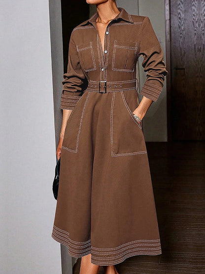 Long Sleeves Loose Buttoned Elasticity Pockets Solid Color Lapel Maxi Dresses