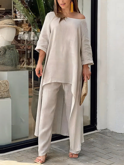 Asymmetric Solid Color High Waist High-Low Round-Neck Tops + Wide Leg Pants Bottoms Two Pieces Set