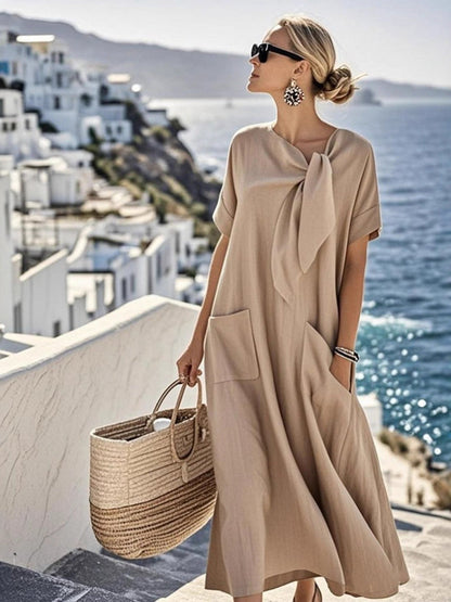 Loose Plus Size Asymmetric Knot Pockets Solid Color Bow Collar Maxi Dresses