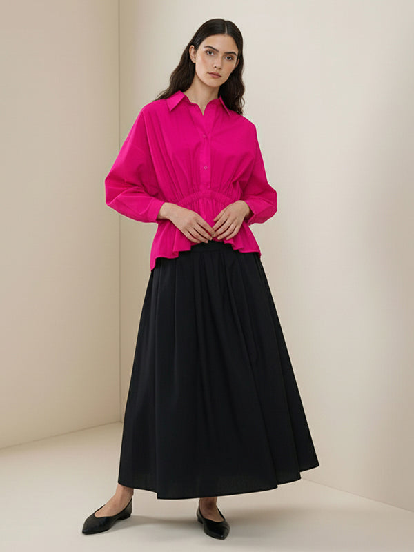 Elasticated Waist Irregularity Buttoned Pleated Ruffled Solid Color Lapel Blouses&Shirts Tops