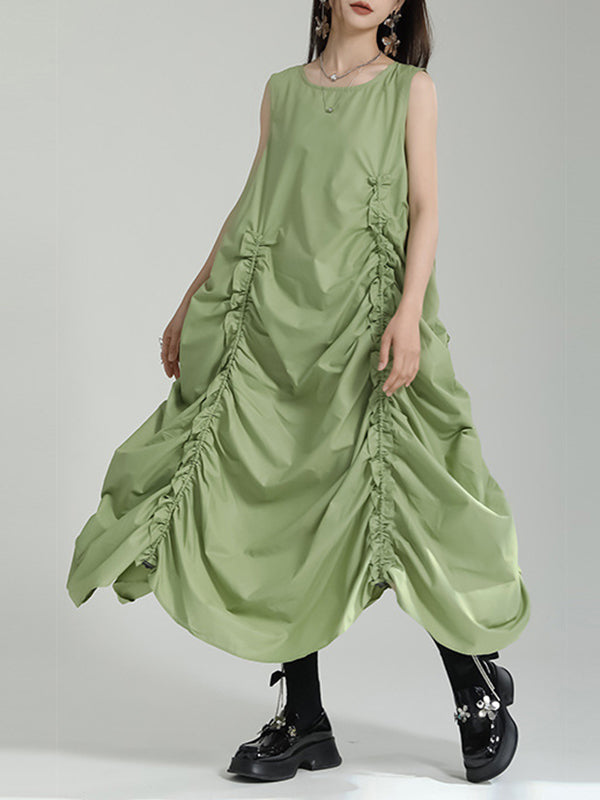 Robe mi-longue ample sans manches, asymétrique, élastique, plissée, couleur unie, col rond 