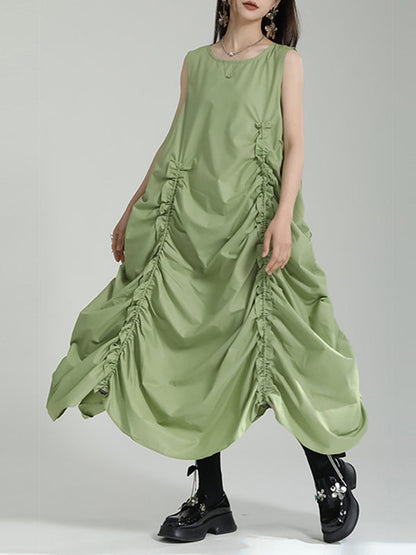 Robe mi-longue ample sans manches, asymétrique, élastique, plissée, couleur unie, col rond 