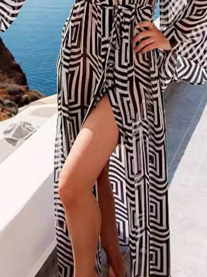 Flared Sleeves Loose Lace-Up See-Through Split-Joint Deep V-Neck Cover-Up