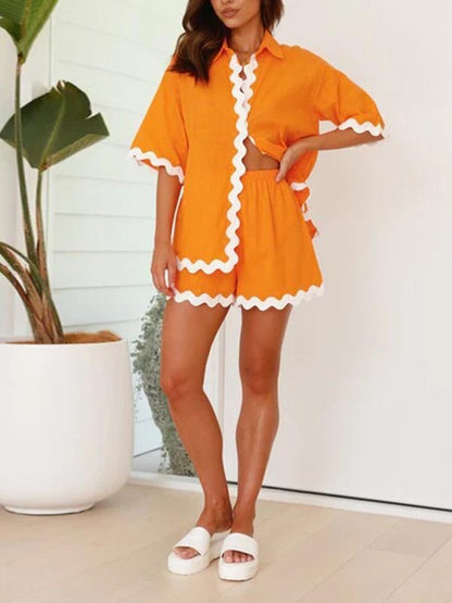 Loose Contrast Color Shirts Tops & Shorts Two Pieces Set