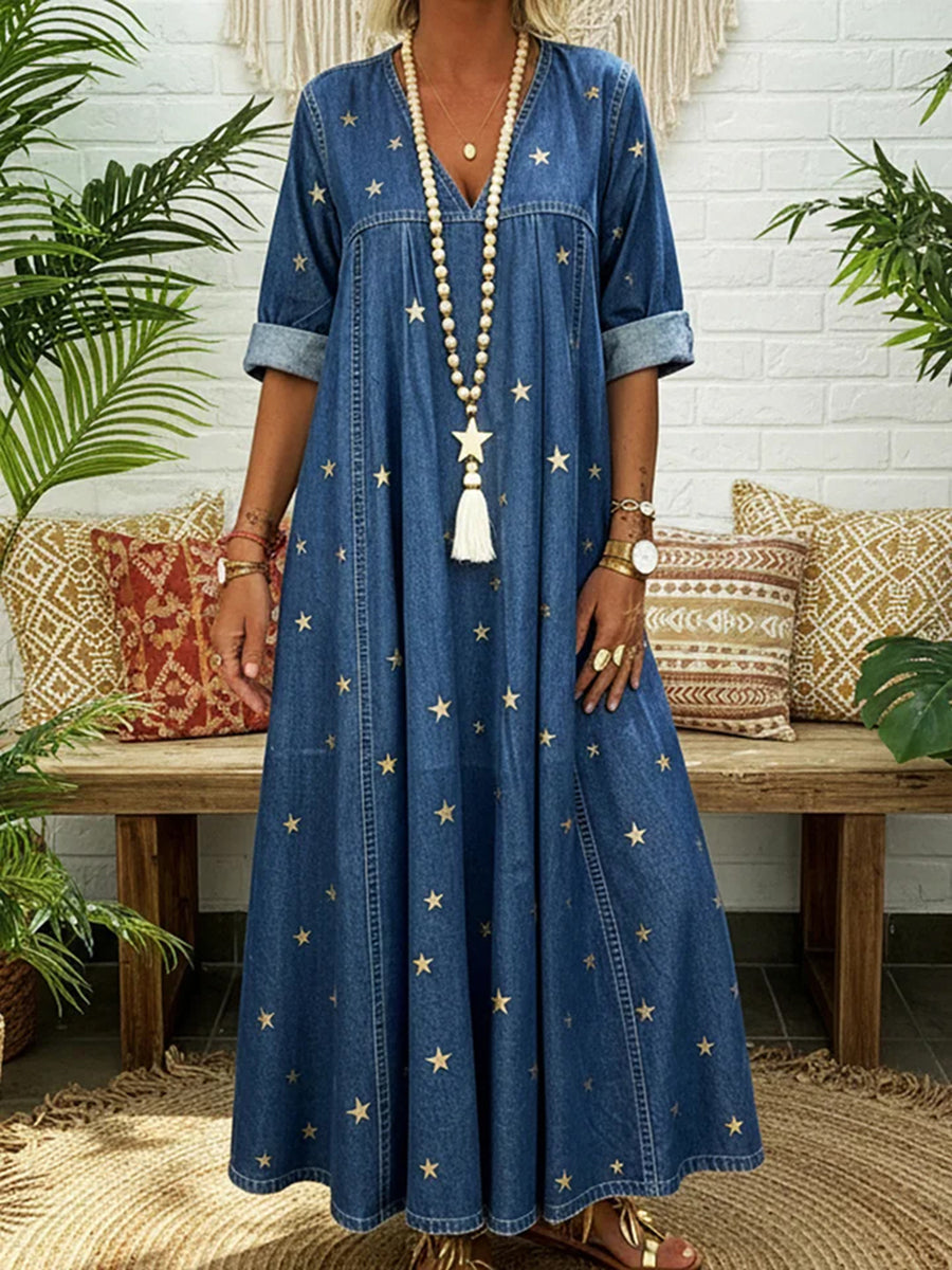 A-Line Long Sleeves Pleated Pockets Printed Split-Joint V-Neck Maxi Dresses
