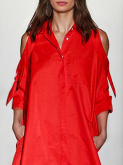 Loose Solid Color Split-Joint Cold Shoulder Mini Dresses Shirt Dress
