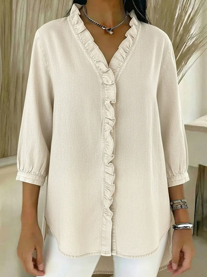 Loose Plus Size Ruffle Trim Solid Color V-Neck Blouses&Shirts Tops