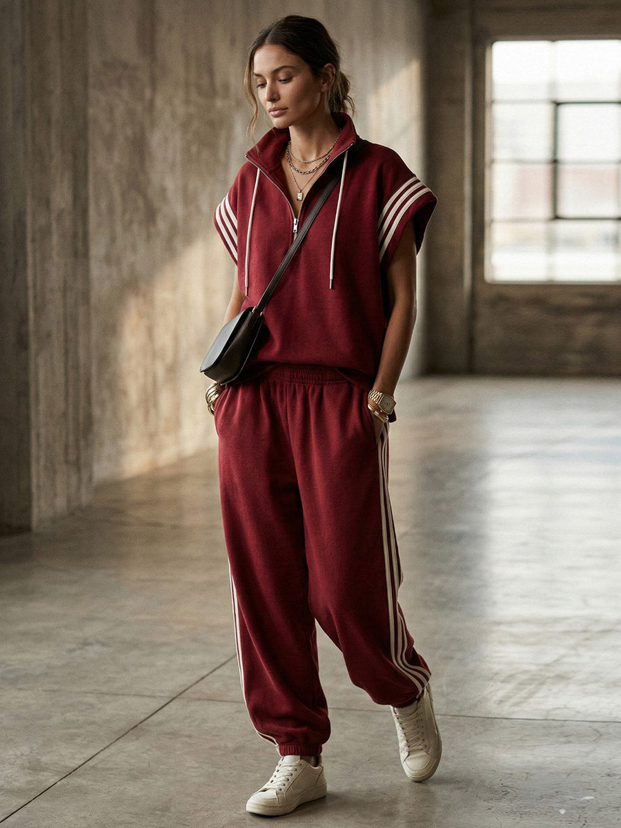 Ankle-Tied Loose Contrast Color Pleated Pockets Split-Joint Striped Pants Trousers