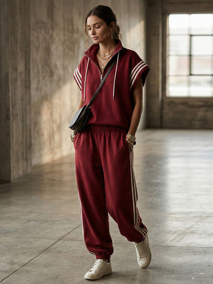 Ankle-Tied Loose Contrast Color Pleated Pockets Split-Joint Striped Pants Trousers