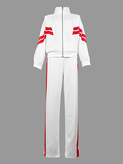 Long Sleeves Loose Split-Joint Striped Zipper Stand Collar Jackets Outerwear