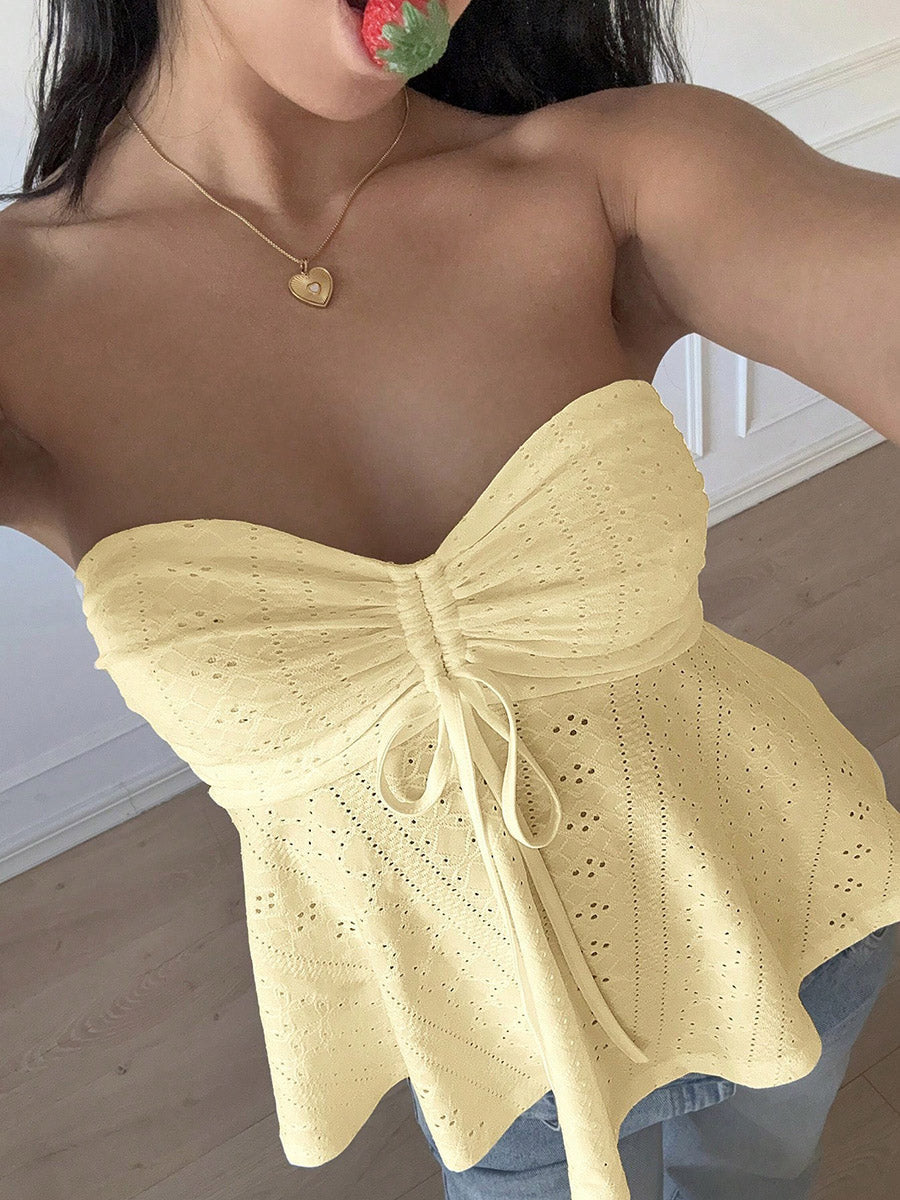 Skinny Sleeveless Backless Hollow Pleated Solid Color Split-Joint Tied Tube Vest Top