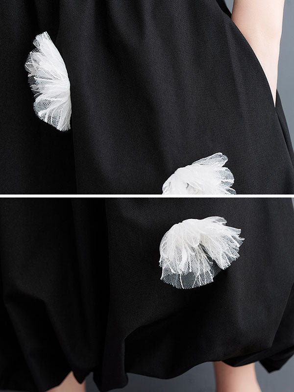 Loose Flower-Embellished Elastics Solid Color Skirts Bottoms